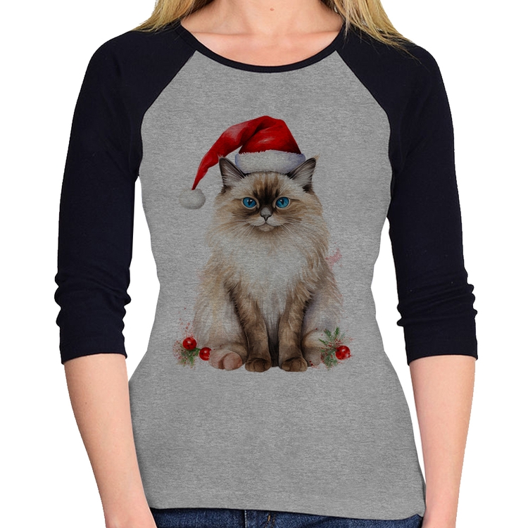 Baby Look Raglan Gato Natalino Manga 3/4 - Cinza/Preto
