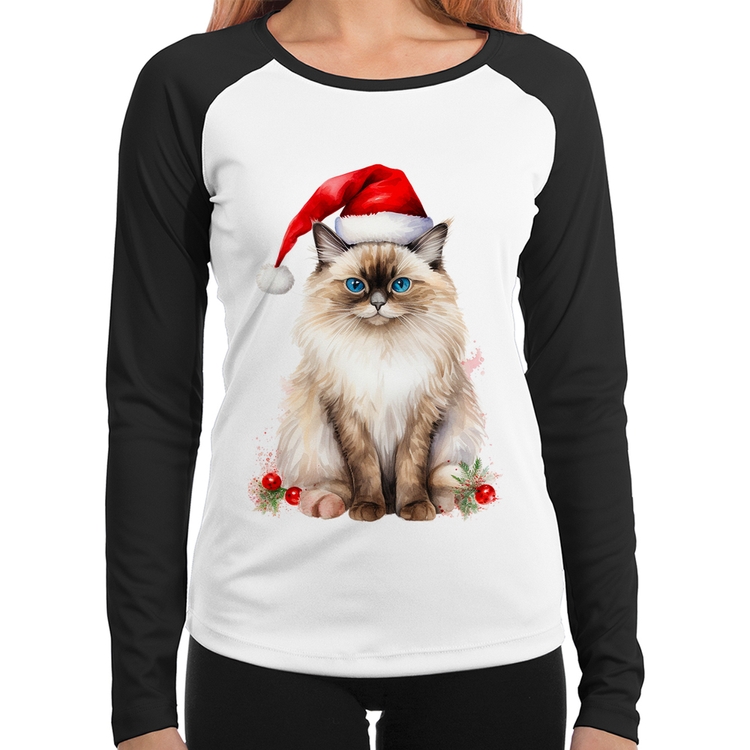 Baby Look Raglan Gato Natalino Manga Longa