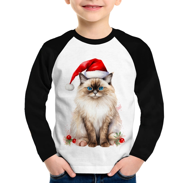 Camiseta Raglan Infantil Gato Natalino Manga Longa