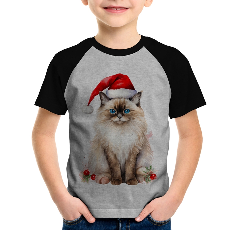Camiseta Raglan Infantil Gato Natalino - Cinza/Preto