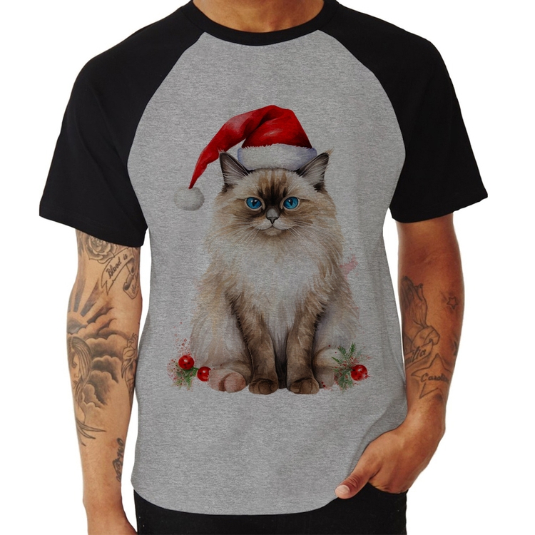 Camiseta Raglan Gato Natalino - Cinza/Preto