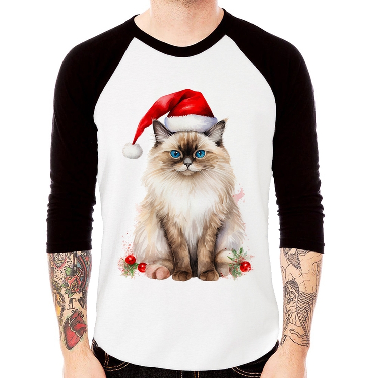 Camiseta Raglan Gato Natalino Manga 3/4