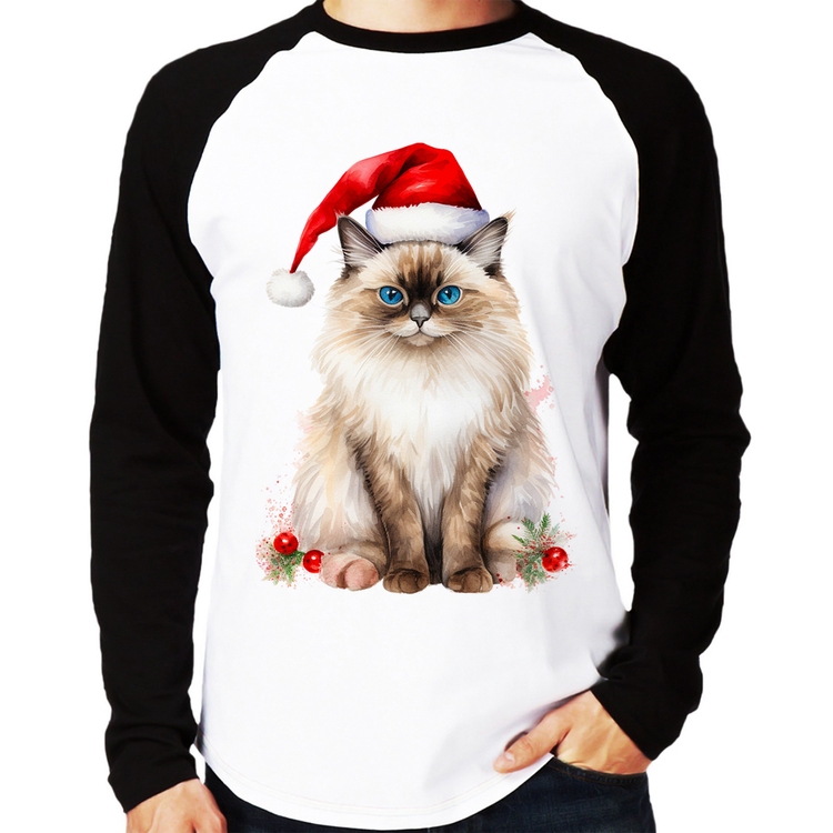 Camiseta Raglan Gato Natalino Manga Longa