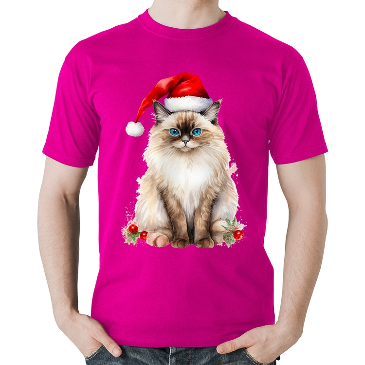 Camiseta Algodão Gato Natalino - Rosa