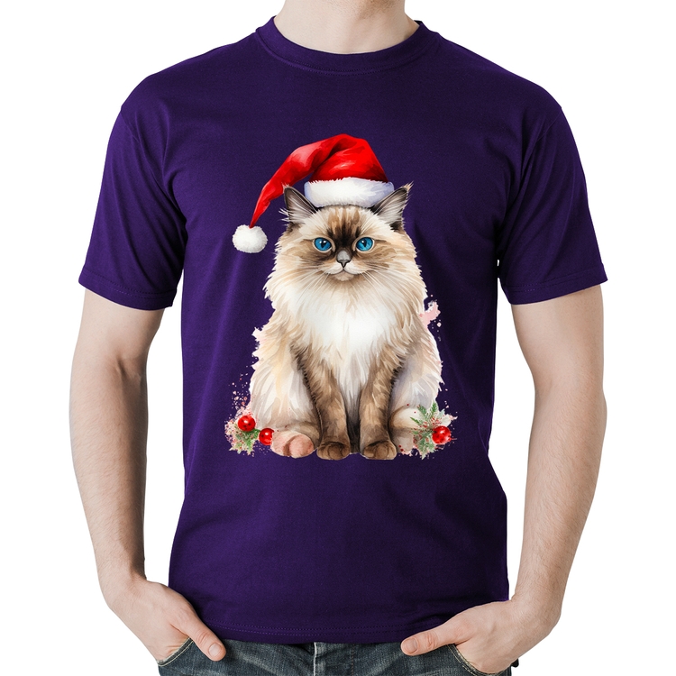 Camiseta Algodão Gato Natalino - Roxa