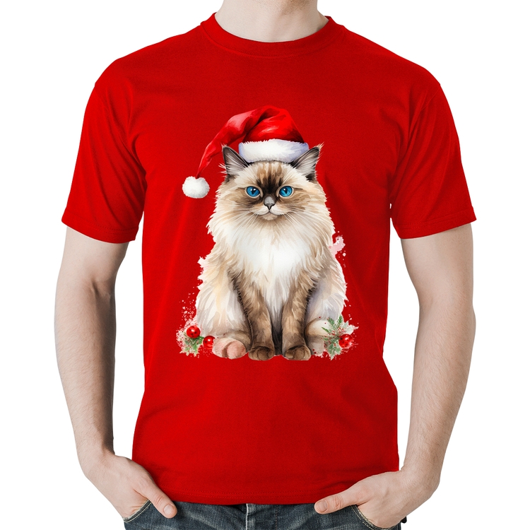 Camiseta Algodão Gato Natalino - Vermelha