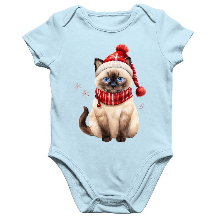 Body Bebê Algodão Gato Natalino Gorro e Cachecol - Azul Bebê