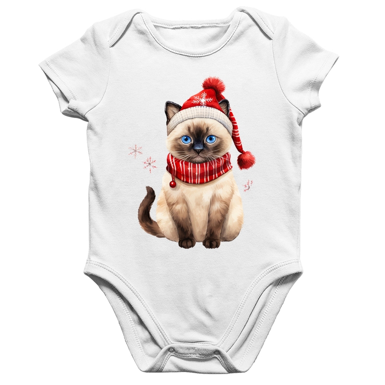 Body Bebê Algodão Gato Natalino Gorro e Cachecol - Branco