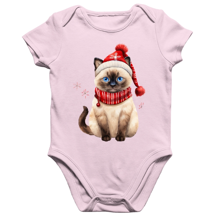Body Bebê Algodão Gato Natalino Gorro e Cachecol - Rosa Bebê