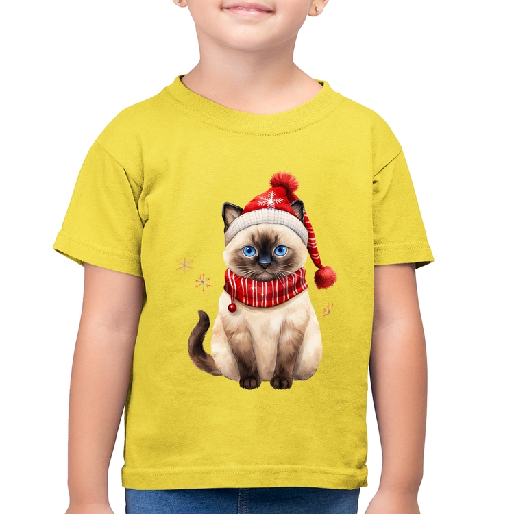 Camiseta Algodão Infantil Gato Natalino Gorro e Cachecol - Amarelo Canário