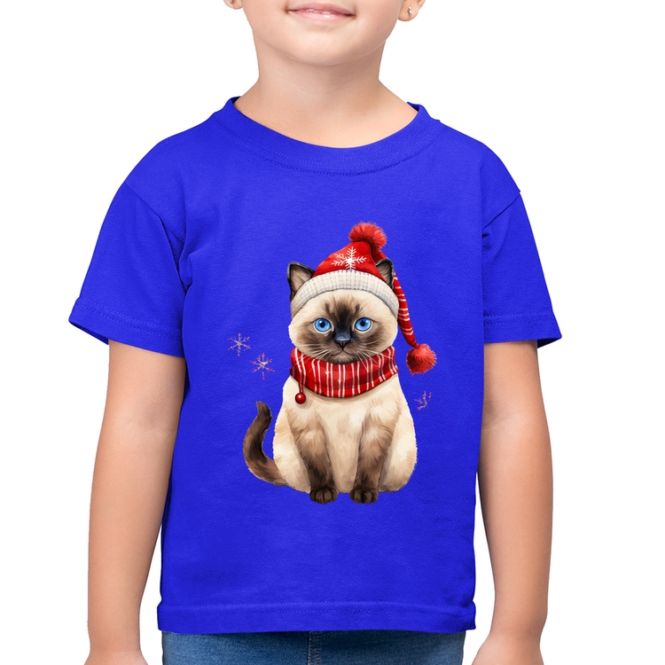 Camiseta Algodão Infantil Gato Natalino Gorro e Cachecol - Azul Royal