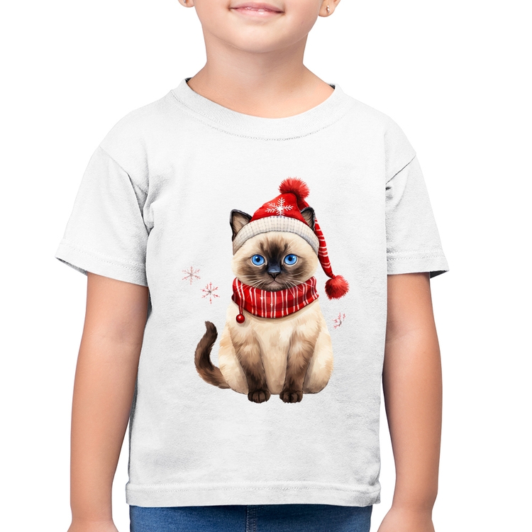 Camiseta Algodão Infantil Gato Natalino Gorro e Cachecol - Branca
