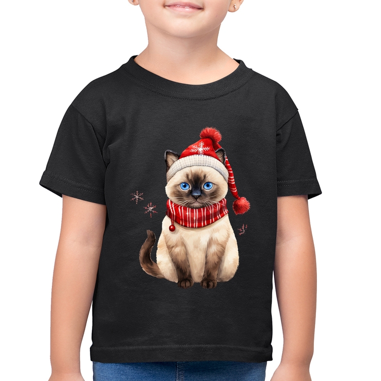 Camiseta Algodão Infantil Gato Natalino Gorro e Cachecol