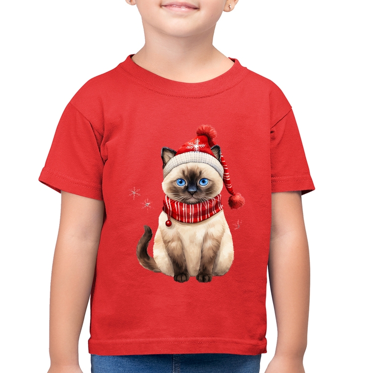 Camiseta Algodão Infantil Gato Natalino Gorro e Cachecol - Vermelha