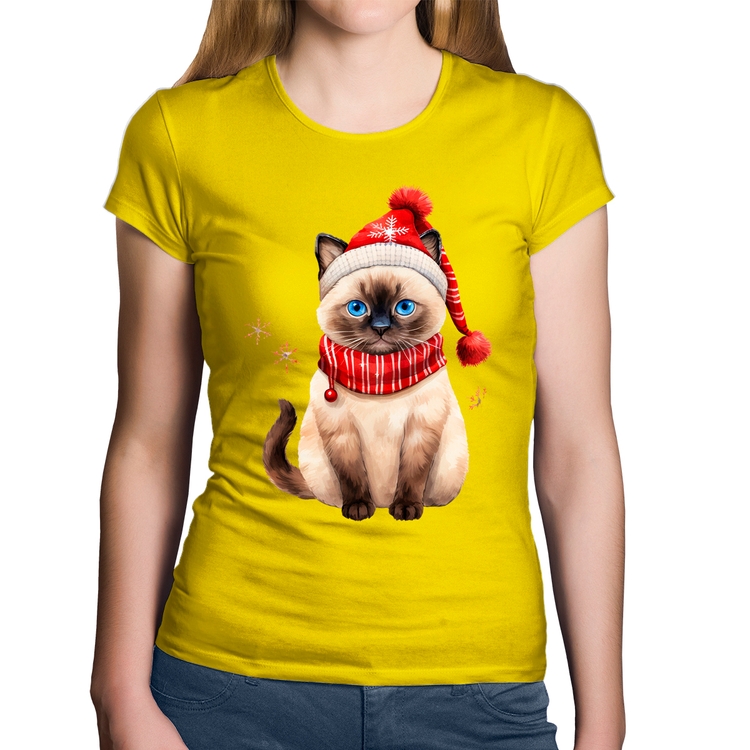 Baby Look Algodão Gato Natalino Gorro e Cachecol - Amarela