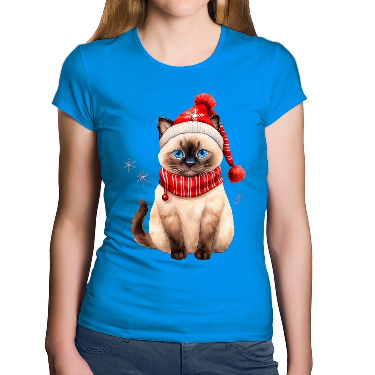 Baby Look Algodão Gato Natalino Gorro e Cachecol - Azul