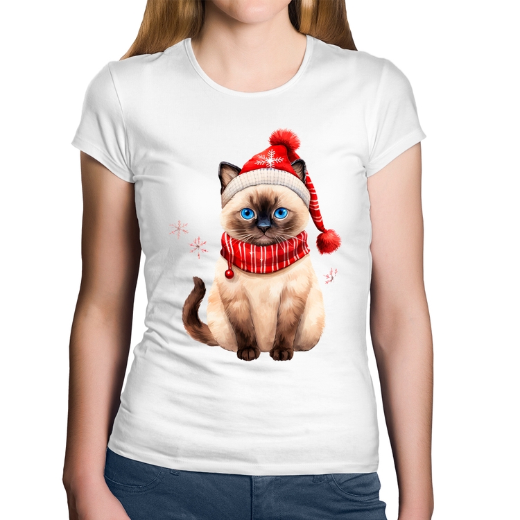 Baby Look Algodão Gato Natalino Gorro e Cachecol - Branca