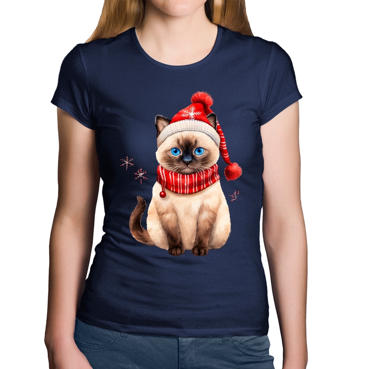 Baby Look Algodão Gato Natalino Gorro e Cachecol - Marinho