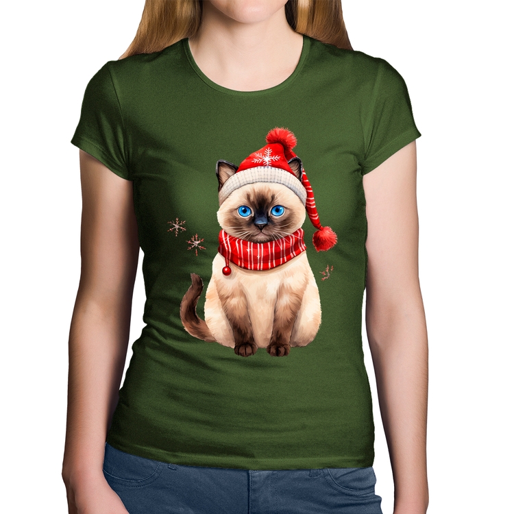 Baby Look Algodão Gato Natalino Gorro e Cachecol - Musgo