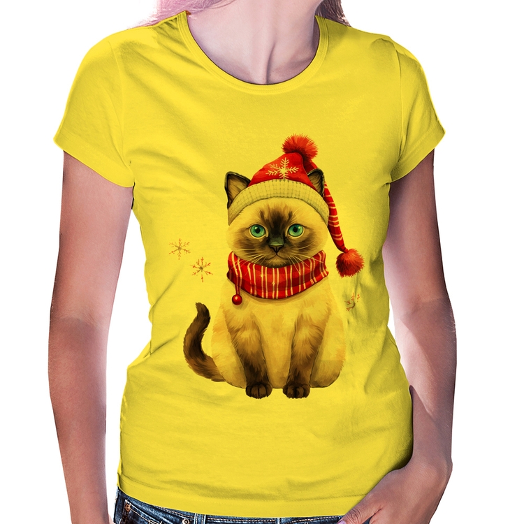 Baby Look Gato Natalino Gorro e Cachecol - Amarela