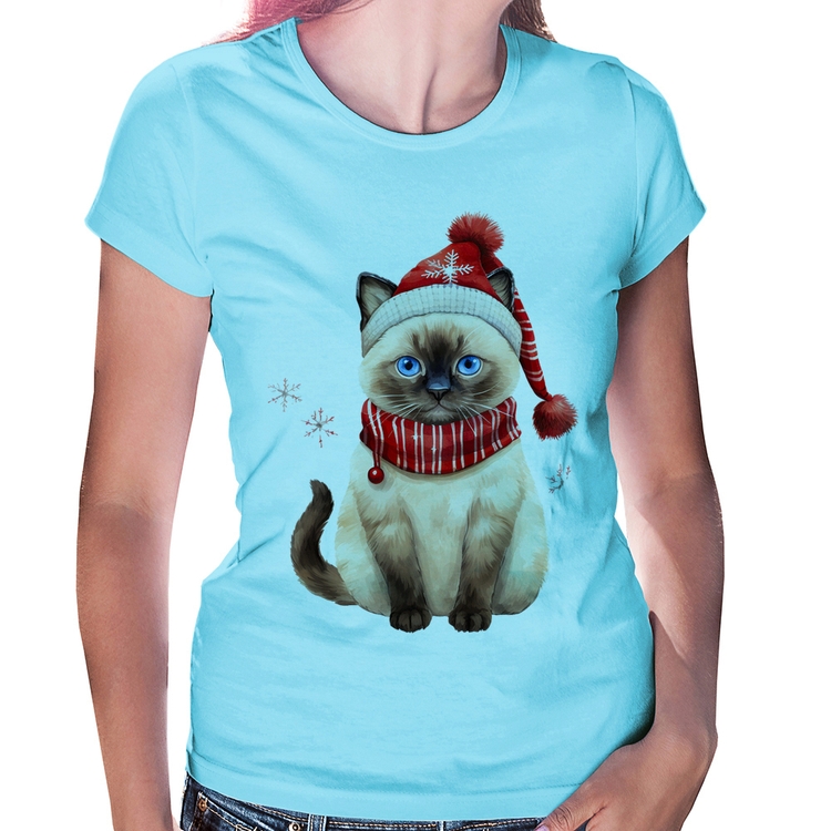 Baby Look Gato Natalino Gorro e Cachecol - Azul Bebê