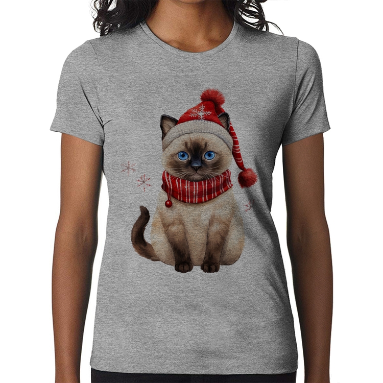 Baby Look Gato Natalino Gorro e Cachecol - Cinza