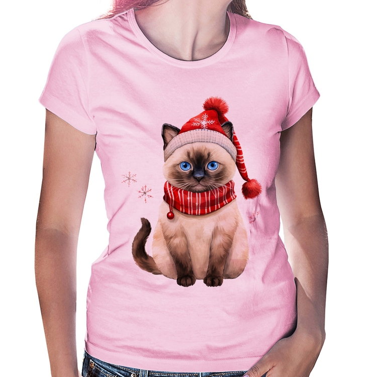 Baby Look Gato Natalino Gorro e Cachecol - Rosa Bebê