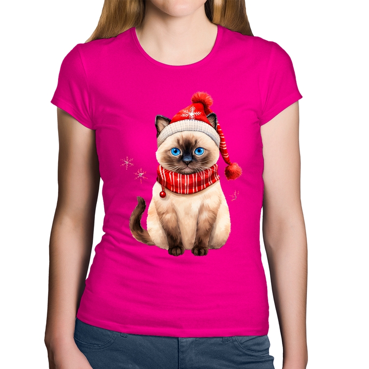 Baby Look Algodão Gato Natalino Gorro e Cachecol - Rosa