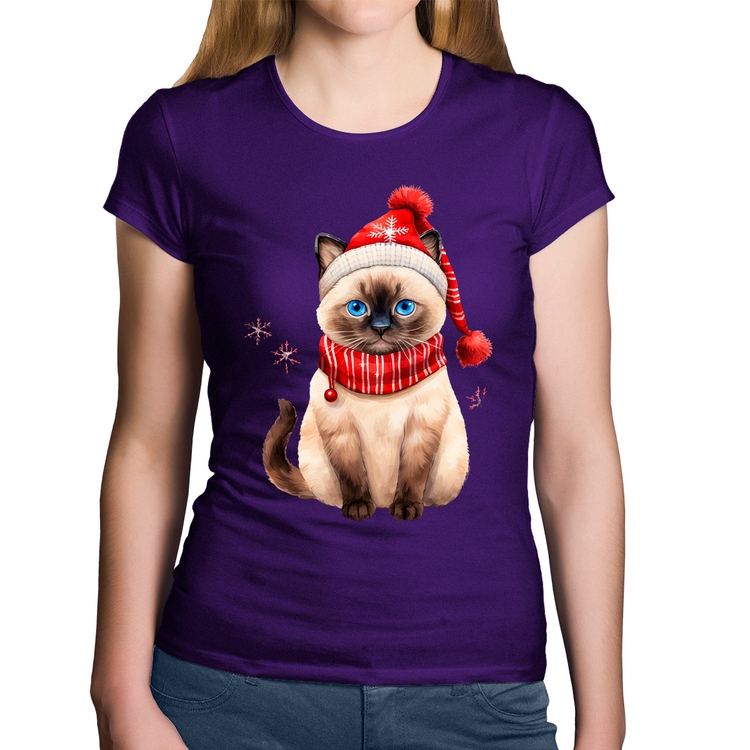 Baby Look Algodão Gato Natalino Gorro e Cachecol - Roxa