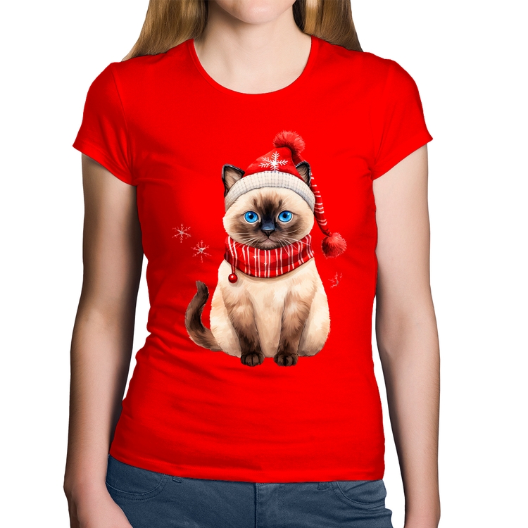 Baby Look Algodão Gato Natalino Gorro e Cachecol - Vermelha