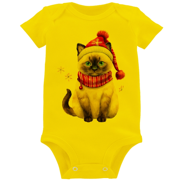 Body Bebê Gato Natalino Gorro e Cachecol - Amarelo
