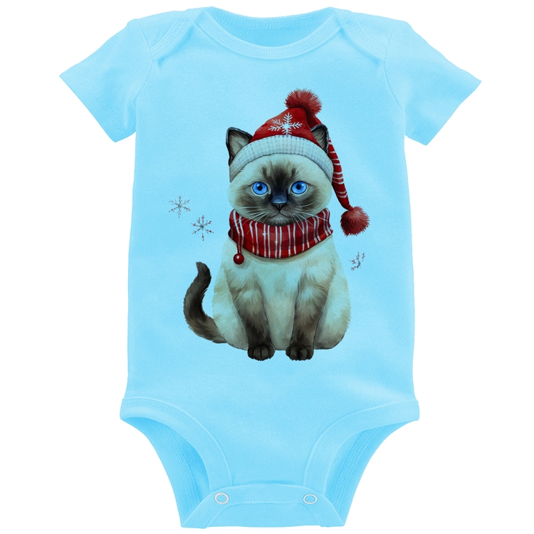 Body Bebê Gato Natalino Gorro e Cachecol - Azul Bebê