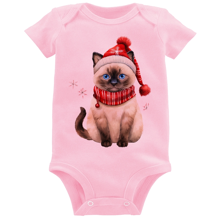 Body Bebê Gato Natalino Gorro e Cachecol - Rosa Bebê