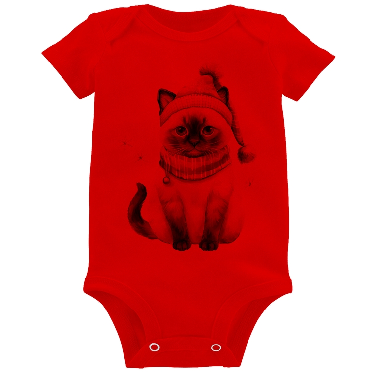 Body Bebê Gato Natalino Gorro e Cachecol - Vermelho