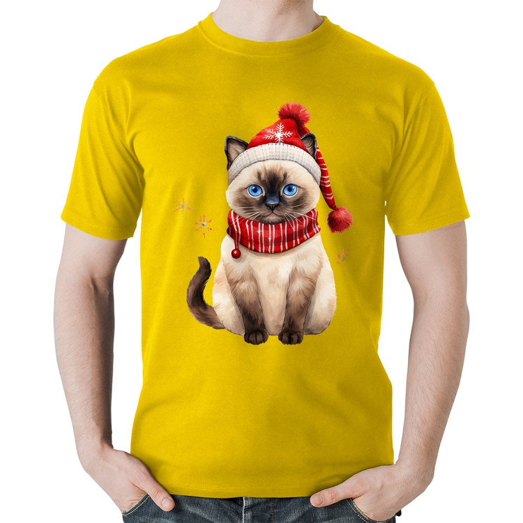 Camiseta Algodão Gato Natalino Gorro e Cachecol - Amarela