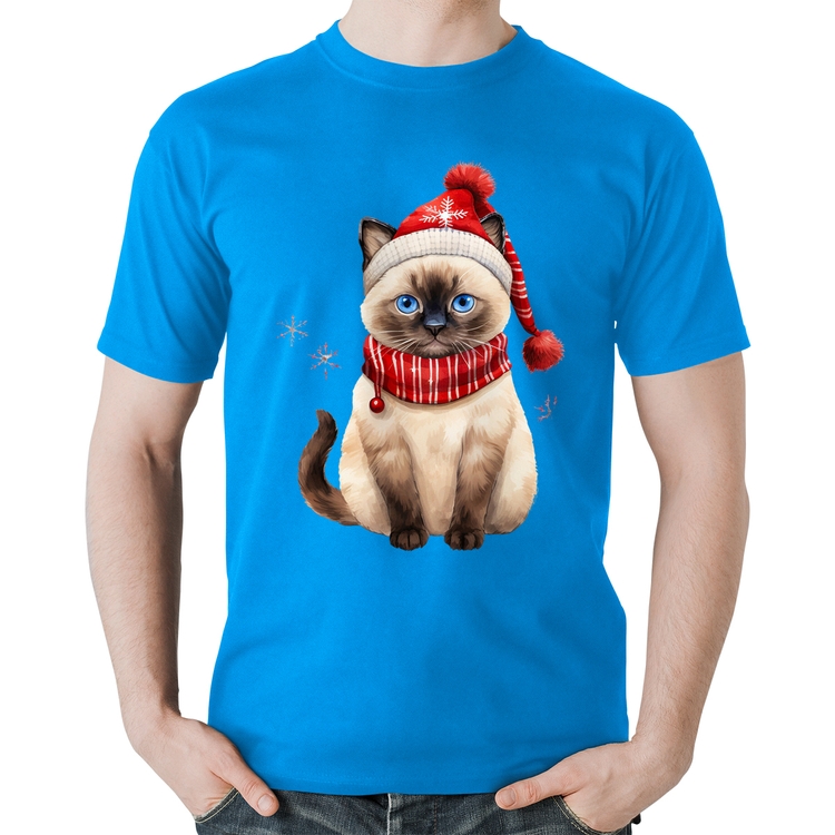 Camiseta Algodão Gato Natalino Gorro e Cachecol - Azul