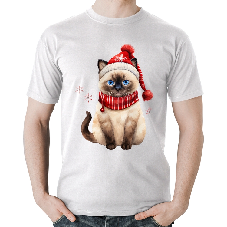 Camiseta Algodão Gato Natalino Gorro e Cachecol - Branca