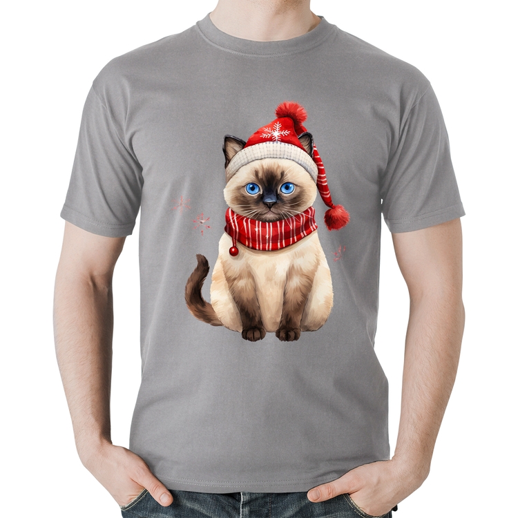 Camiseta Algodão Gato Natalino Gorro e Cachecol - Cinza