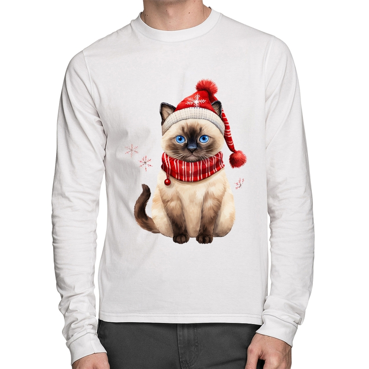 Camiseta Algodão Gato Natalino Gorro e Cachecol Manga Longa - Branca