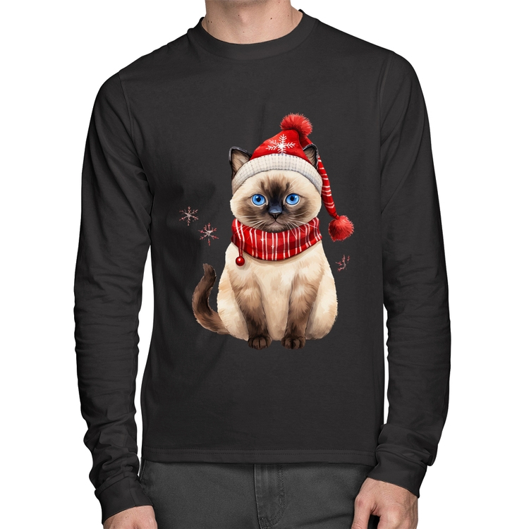 Camiseta Algodão Gato Natalino Gorro e Cachecol Manga Longa