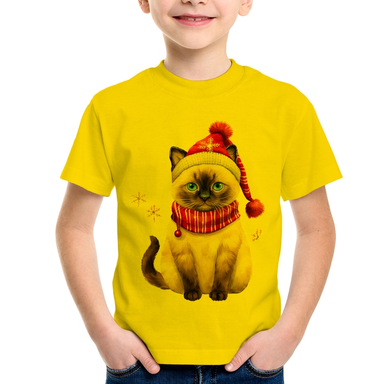 Camiseta Infantil Gato Natalino Gorro e Cachecol - Amarela