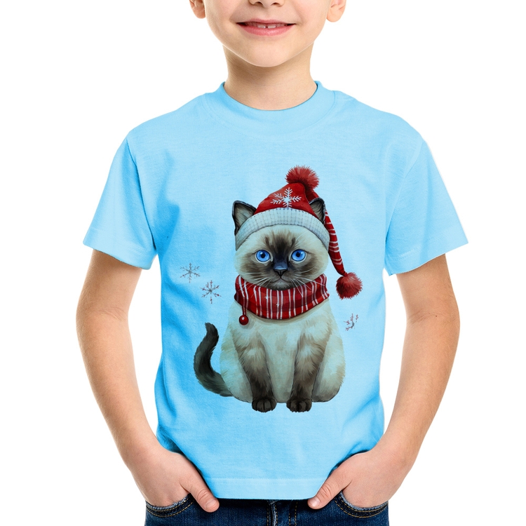 Camiseta Infantil Gato Natalino Gorro e Cachecol - Azul Bebê