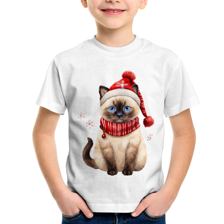 Camiseta Infantil Gato Natalino Gorro e Cachecol