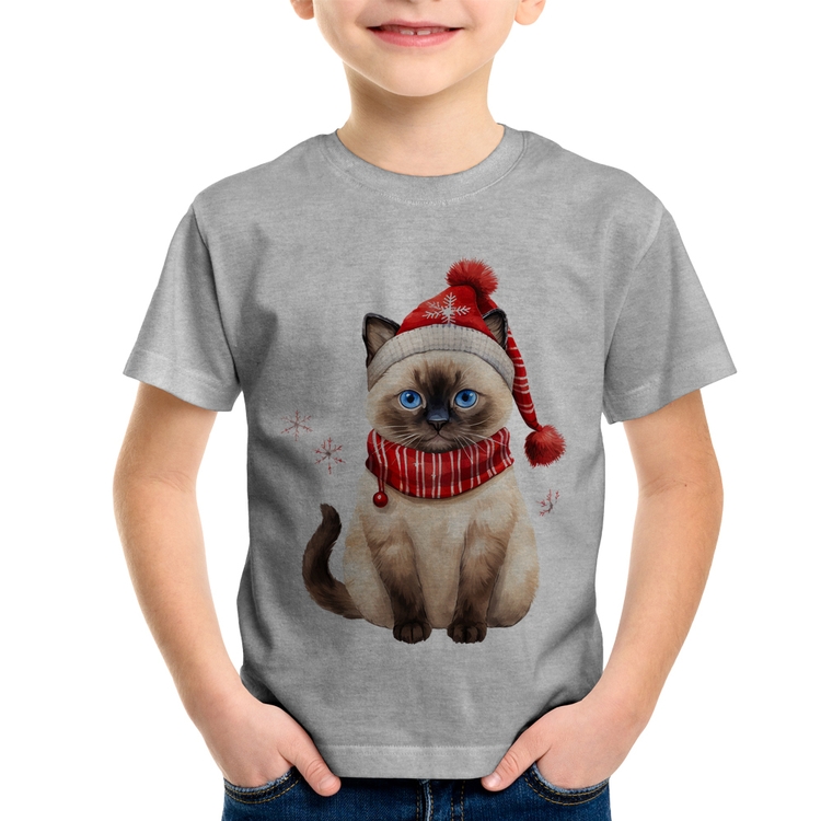 Camiseta Infantil Gato Natalino Gorro e Cachecol - Cinza