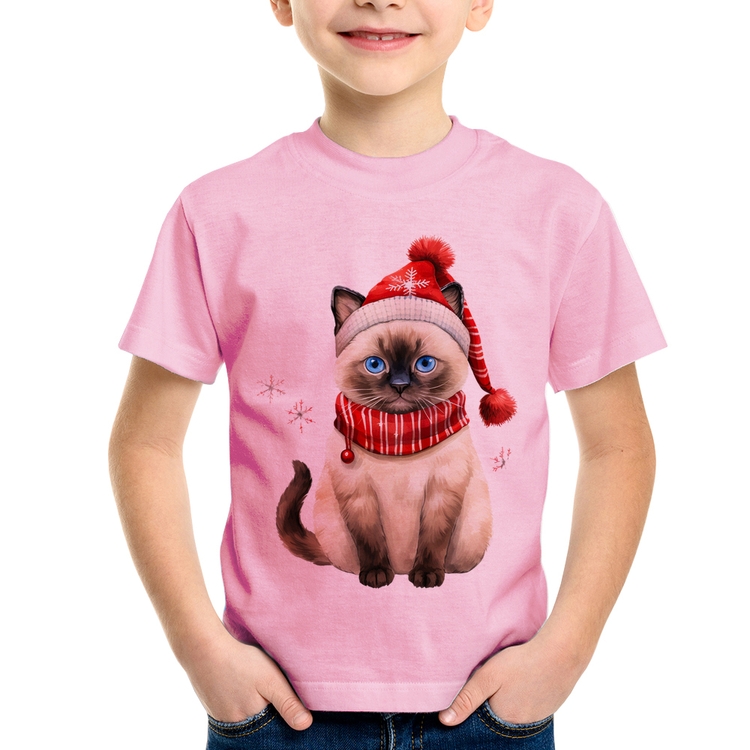 Camiseta Infantil Gato Natalino Gorro e Cachecol - Rosa Bebê