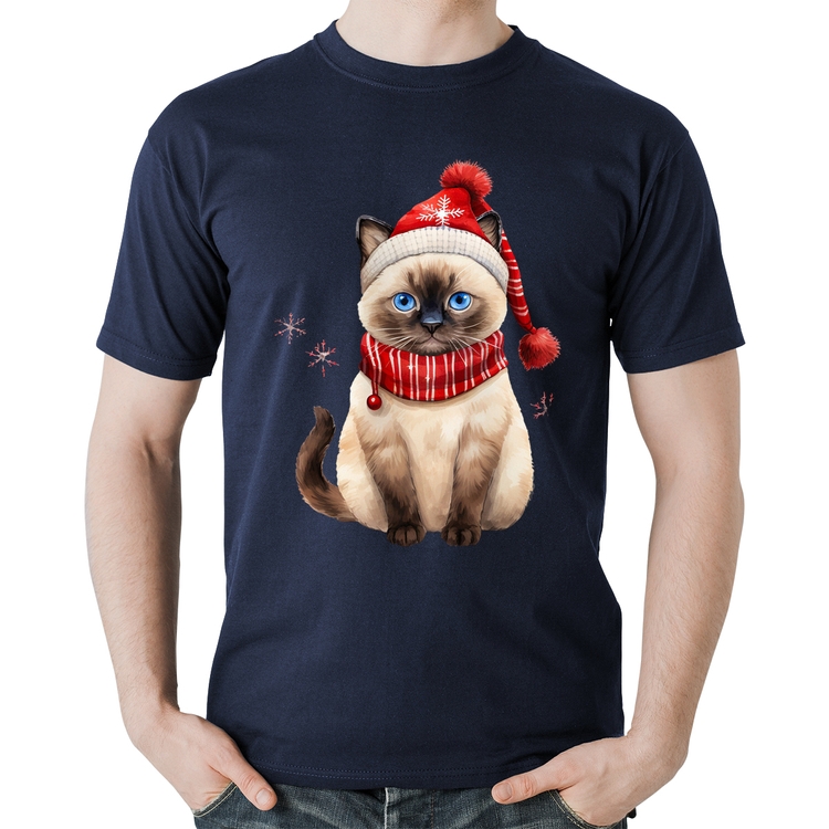 Camiseta Algodão Gato Natalino Gorro e Cachecol - Marinho