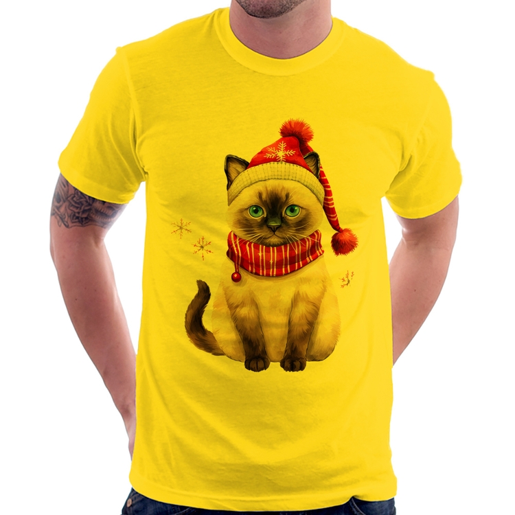 Camiseta Gato Natalino Gorro e Cachecol - Amarela