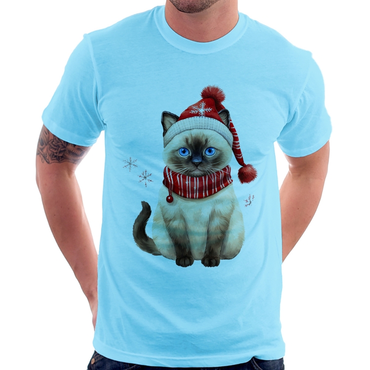 Camiseta Gato Natalino Gorro e Cachecol - Azul Bebê