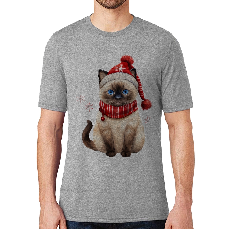 Camiseta Gato Natalino Gorro e Cachecol - Cinza