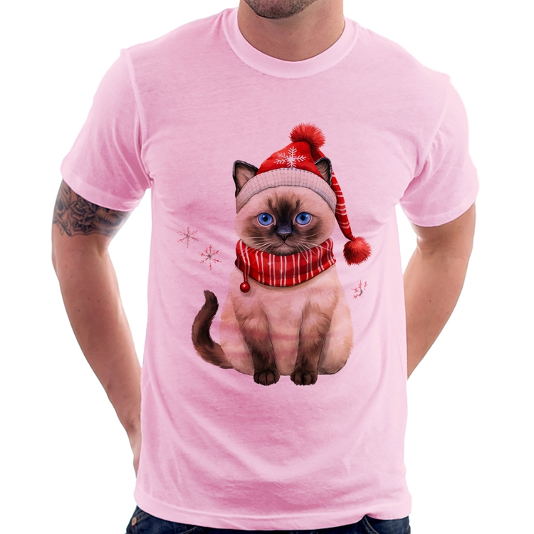 Camiseta Gato Natalino Gorro e Cachecol - Rosa Bebê
